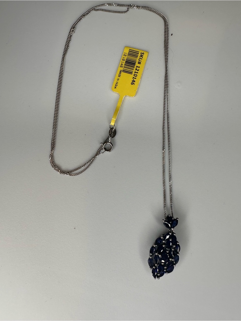 Silver Chain Necklace with Deep Blue Teardrop Gem Pendant